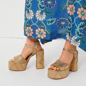 New Castaner Florita Sandal in Oro Viejo metallic gold high chunky block heels